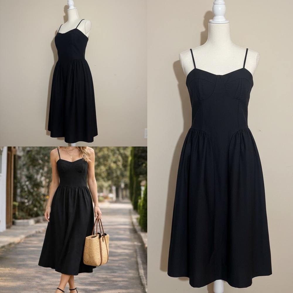 Black Milkmaid Midi Dress Medium | Corset Bodice A-Line Spring Sundress